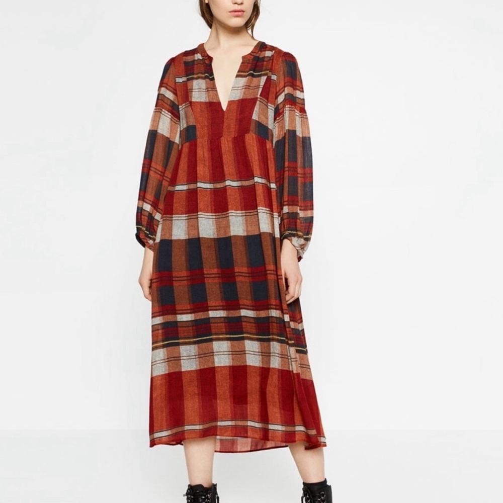 Zara Red And Orange Plaid Boho Lagenlook Oversized Midi Dress Small